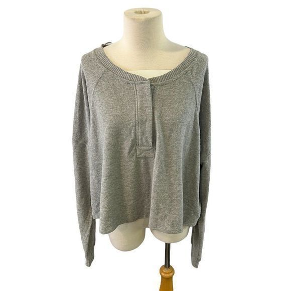 NWOT BP Long Sleeve Crop Henley in Grey Heather (1X) - Picture 2 of 12